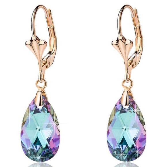 BijouStudios Earrings Jewelry - 14K Yellow Gold with Vitrail Light Austrian Crystal Teardrop Leverback Earrings